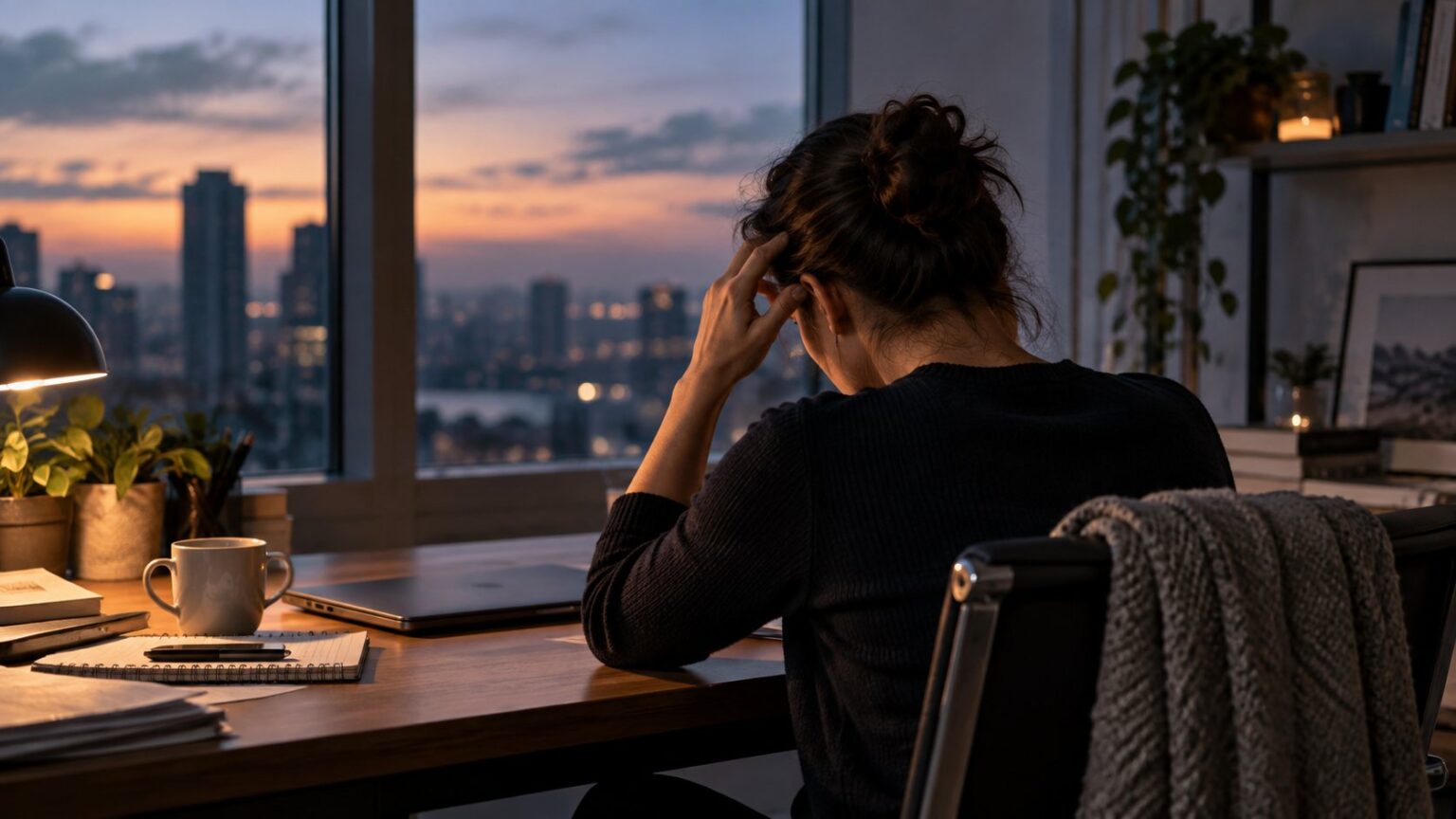 Une professionnelle fatiguée à son bureau, illustrant les premiers signes du burn-out
