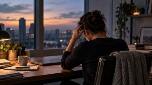 Une professionnelle fatiguée à son bureau, illustrant les premiers signes du burn-out